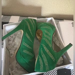 Green and Gold suede heels